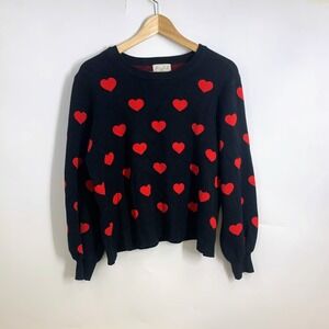 Marled Women Black Red Heart Print Knit Pullover Crew Neck Sweater Size Large
